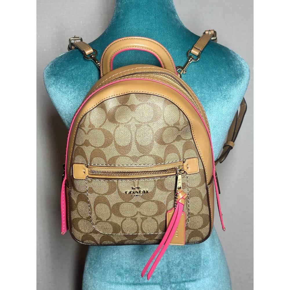 Coach Mini Charlie Backpack Khaki Pink Signature Canvas Leather F38998 Academia